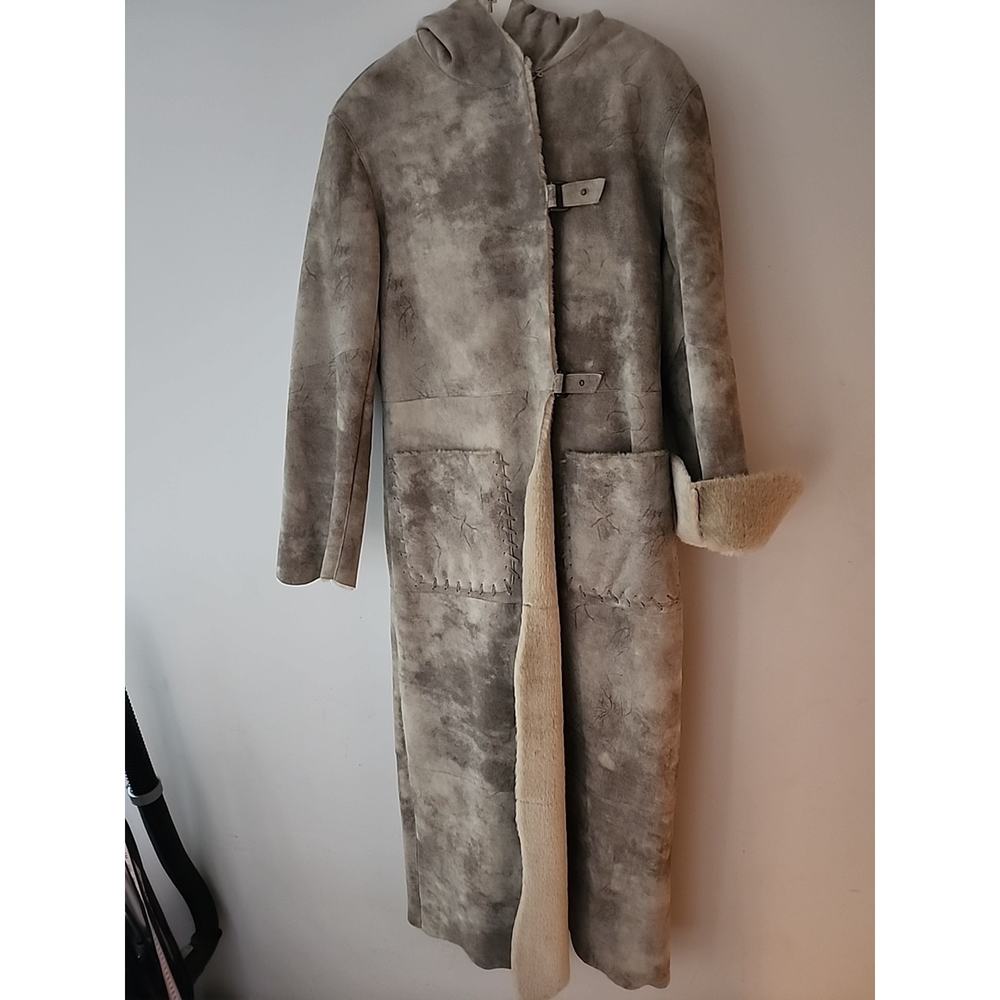 Newport News Suede Leather Women's Small Gray Faux Fur Lined Long Hooded Coat